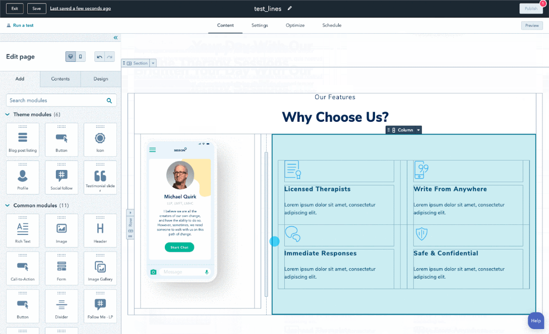 HubSpot's drag-and-drop page editor: a dense panel of modules and nested columns a marketer has to navigate to make a change.