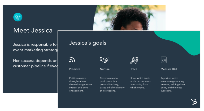 A design-strategy artifact: a 'Meet Jessica' persona slide paired with 'Jessica's goals': Promote, Nurture, Trace, and Measure ROI.