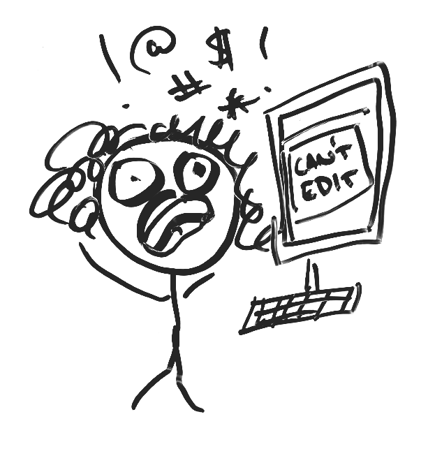 Meerah panicking in front of a screen that reads CAN'T EDIT