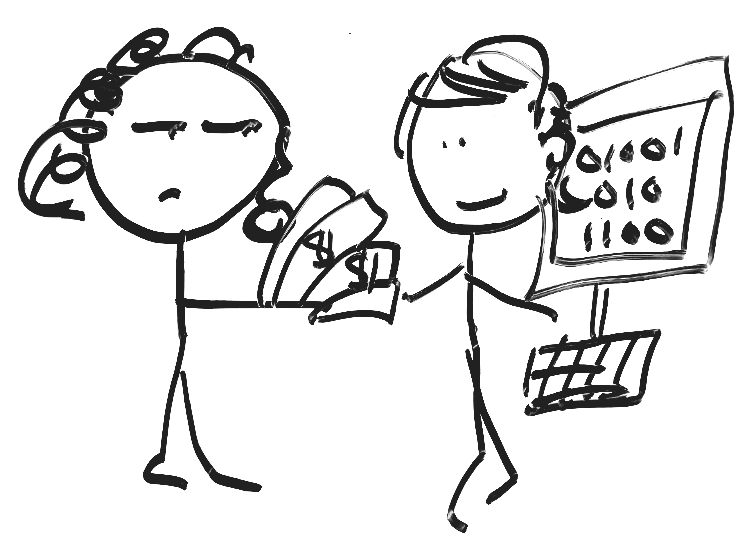 Meerah reluctantly handing cash to a developer to make a change