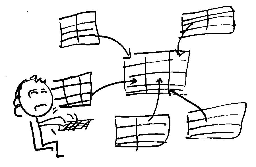 Meerah at her laptop, overwhelmed as data flies between a dozen spreadsheets