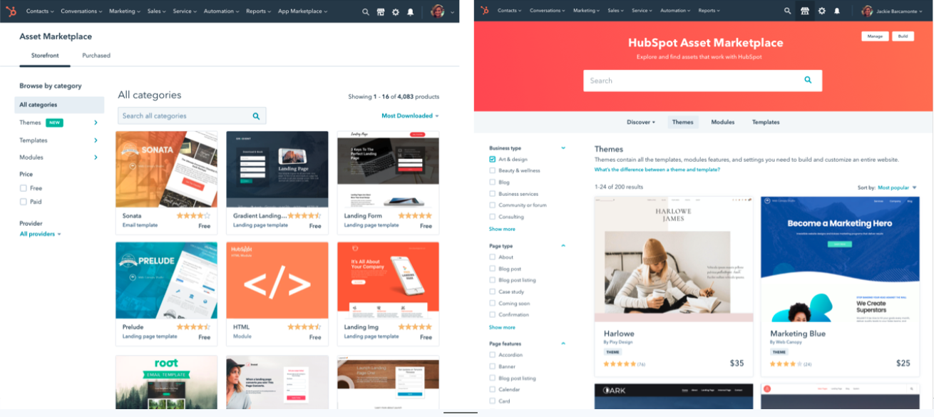 HubSpot's Asset Marketplace, browsing ready-made website themes.