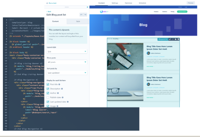 The re-built blog setup: a content editor and a marketer-friendly blog post list with live preview.