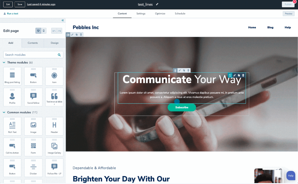 The new drag-and-drop page editor with inline text editing.