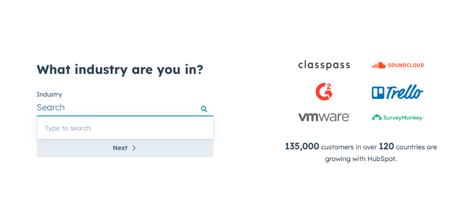 A conversational onboarding step asking 'What industry are you in?' beside trusted-customer logos.