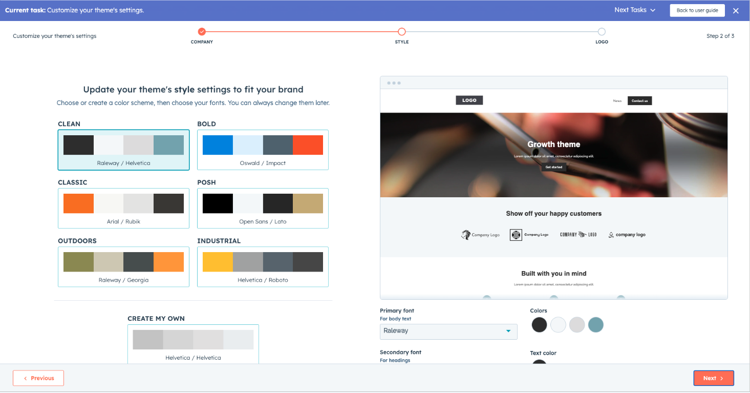 A guided 'Customize your theme's style settings' step with color schemes and fonts.